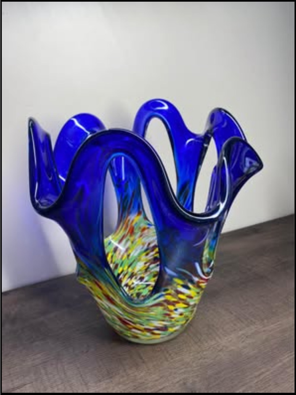 Abstract Hand-Blown Glass Vase/Centerpiece, Hqt Art Glass Multicolored